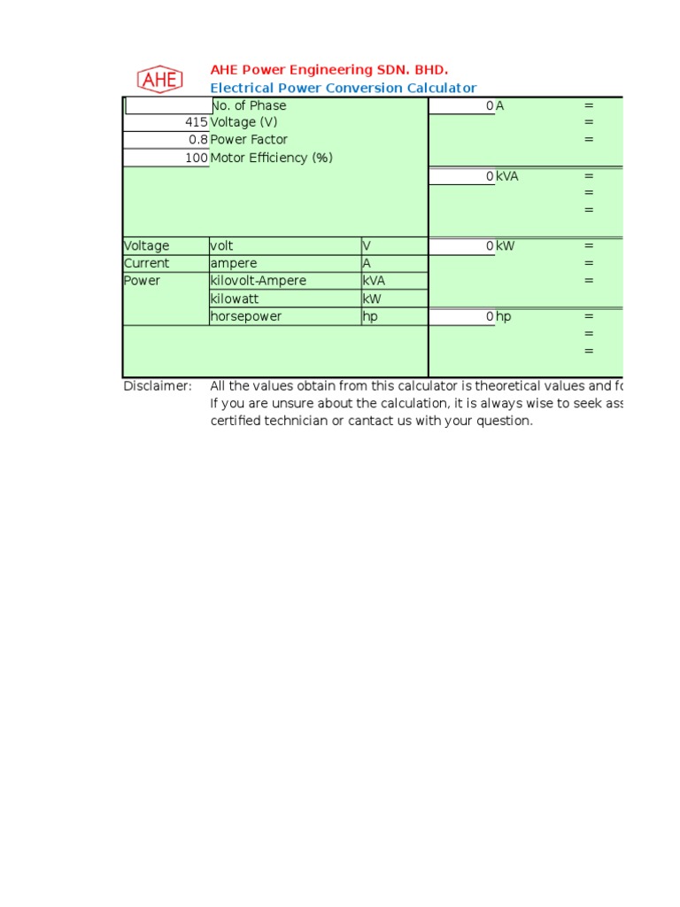 Electrical Power Conversion Calculator AHE Power Engineering SDN. BHD