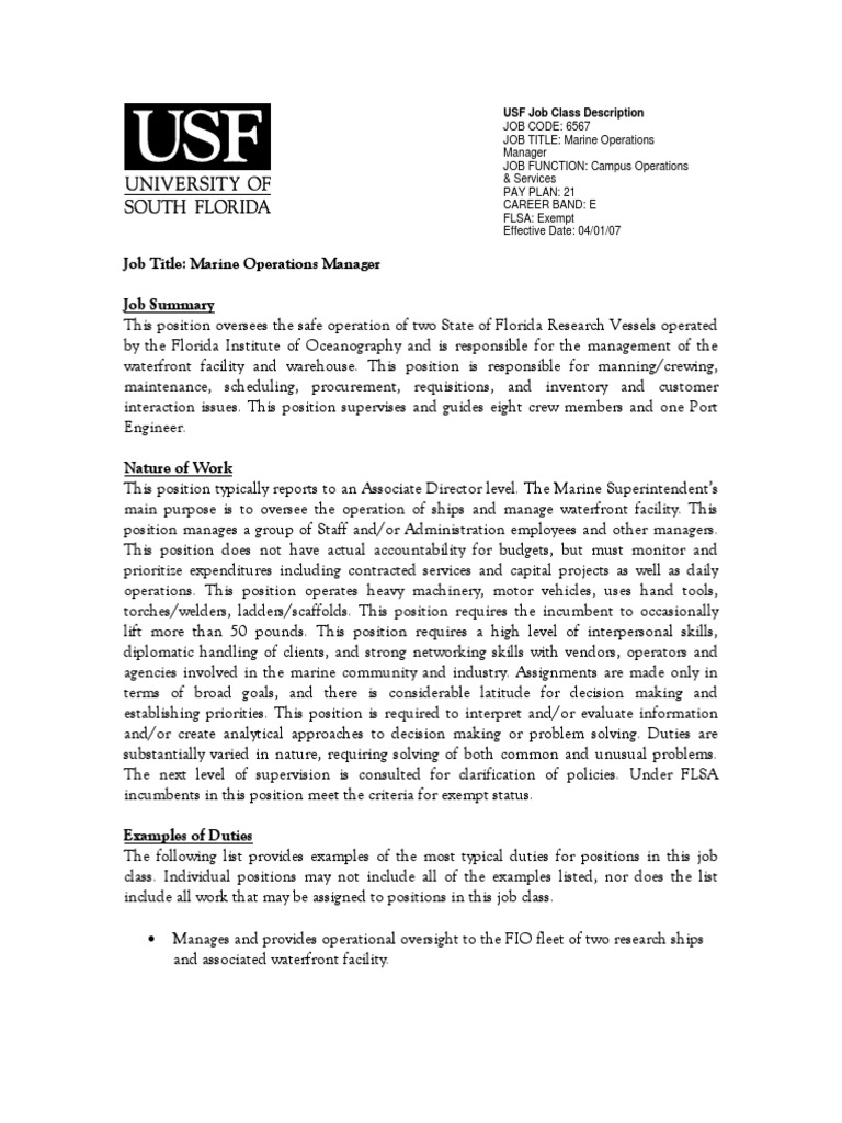 Job Title Marine Operations Manager PDF Operations Management Ships