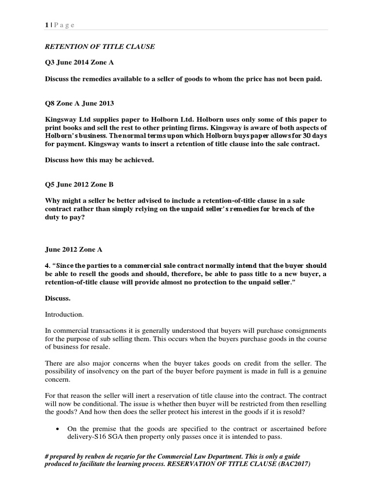 Retention of Title Clause Sales Contractual Term