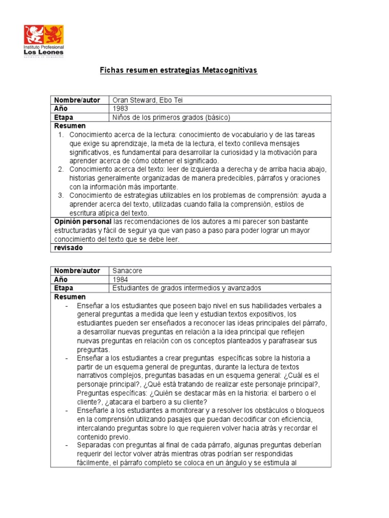 Estrategias Metacognitivas para Lectura Infantil | PDF | Lectura ...