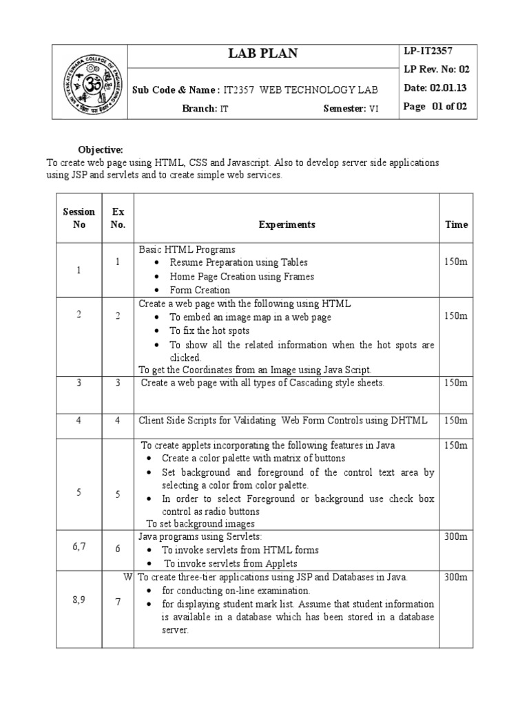 It2357 Web Tech Lab - Rev 02 | PDF | Java Servlet | Java Server Pages