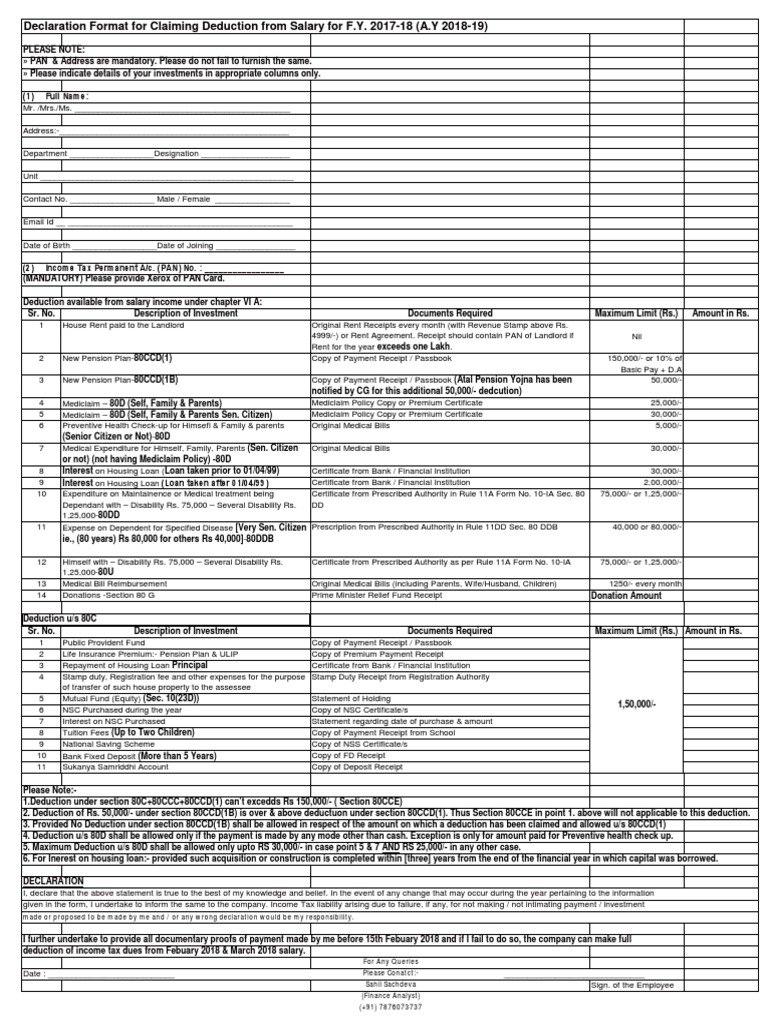 Declaration Format For Salary For FY 2017-18 A.Y 2018-19 | PDF ...