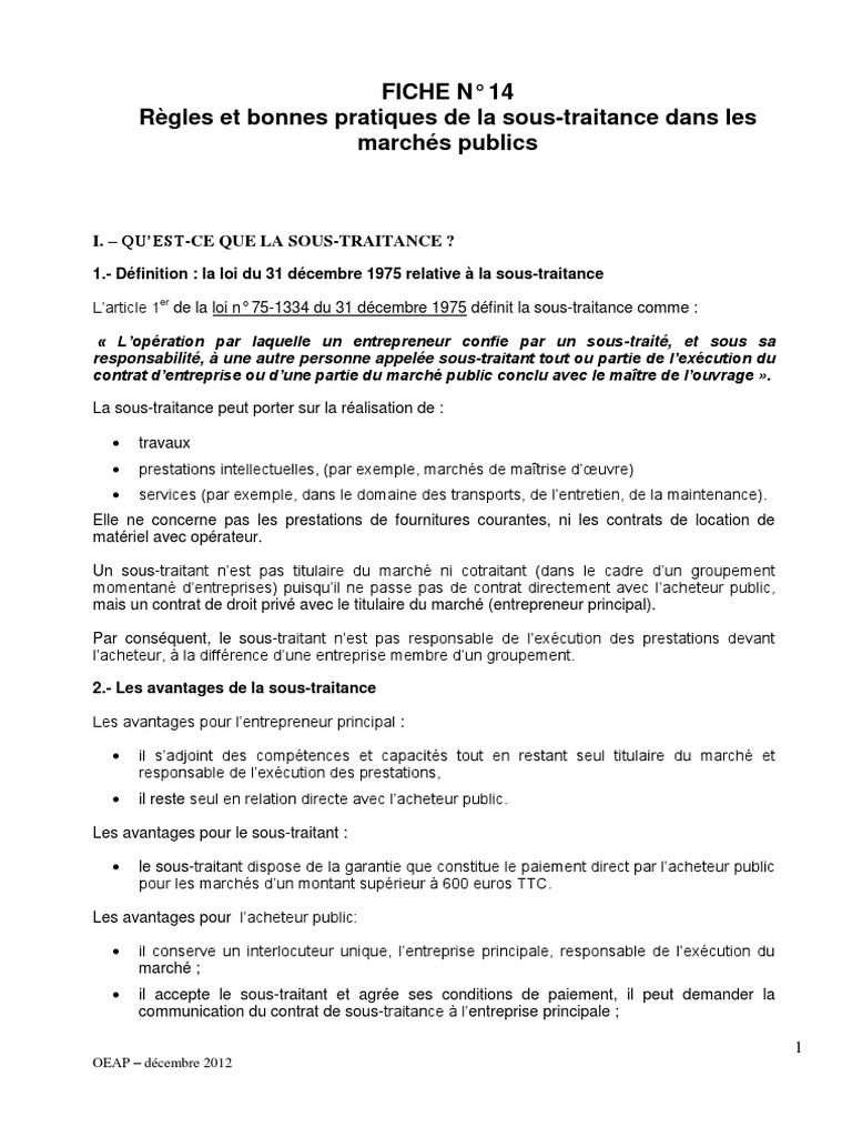 Regles Et Bonnes Pratiques De La Sous-Traitance Dans Les Marches Publics |  Pdf | Gouvernement | Business