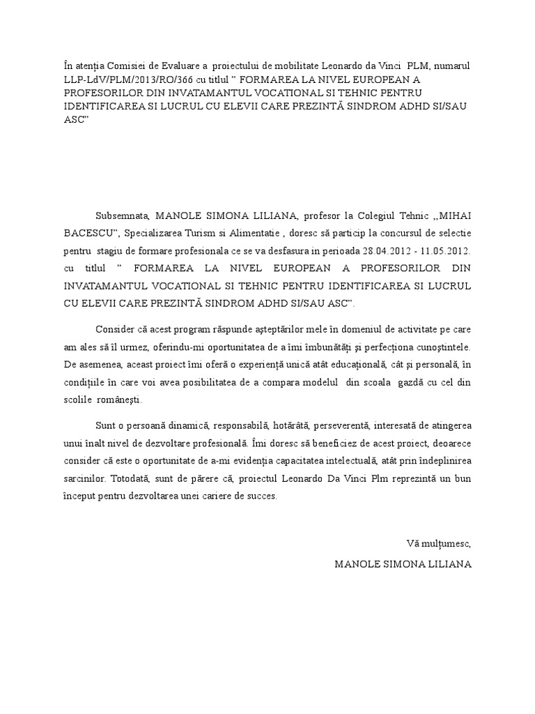 Scrisoare de Intentie Erasmus