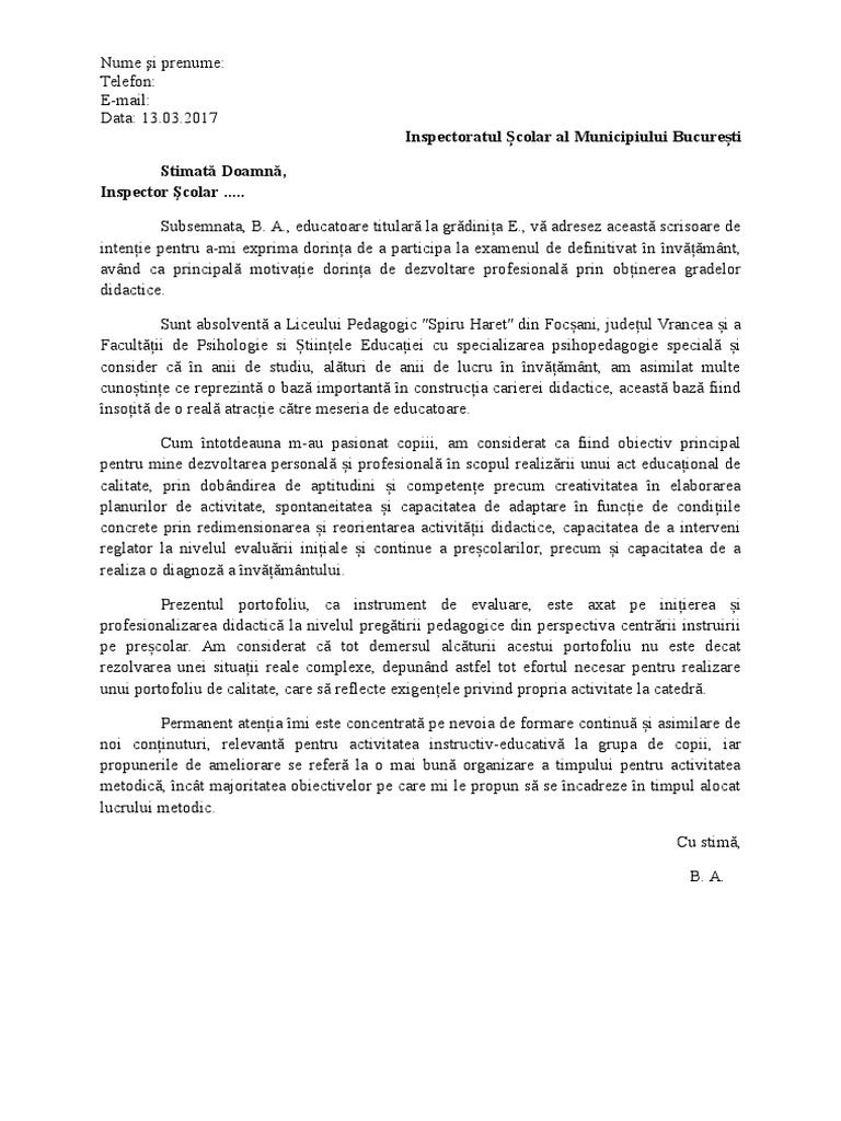Scrisoare de Intenție Definitivat | PDF