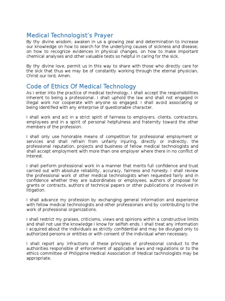 Medical Technologist's Prayer and Ethics | PDF | Profession | Employment