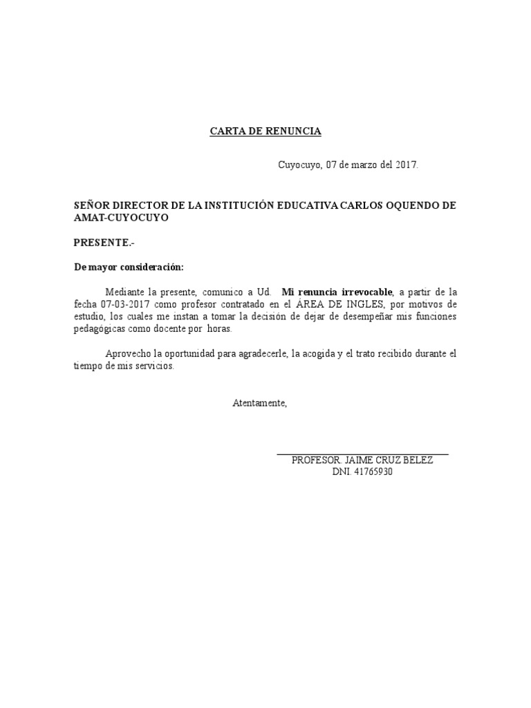 Carta de Renuncia  Maestros  Educación avanzada