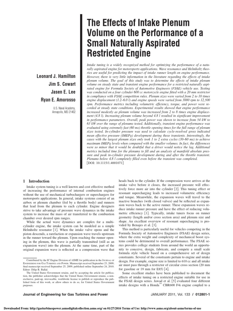 The Effects of Intake Plenum Volume On The Performance of A Small Naturally Aspirated Restricted