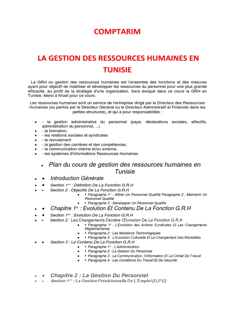 Gestion des RH en Tunisie : Enjeux et Évolution | PDF | Recrutement ...