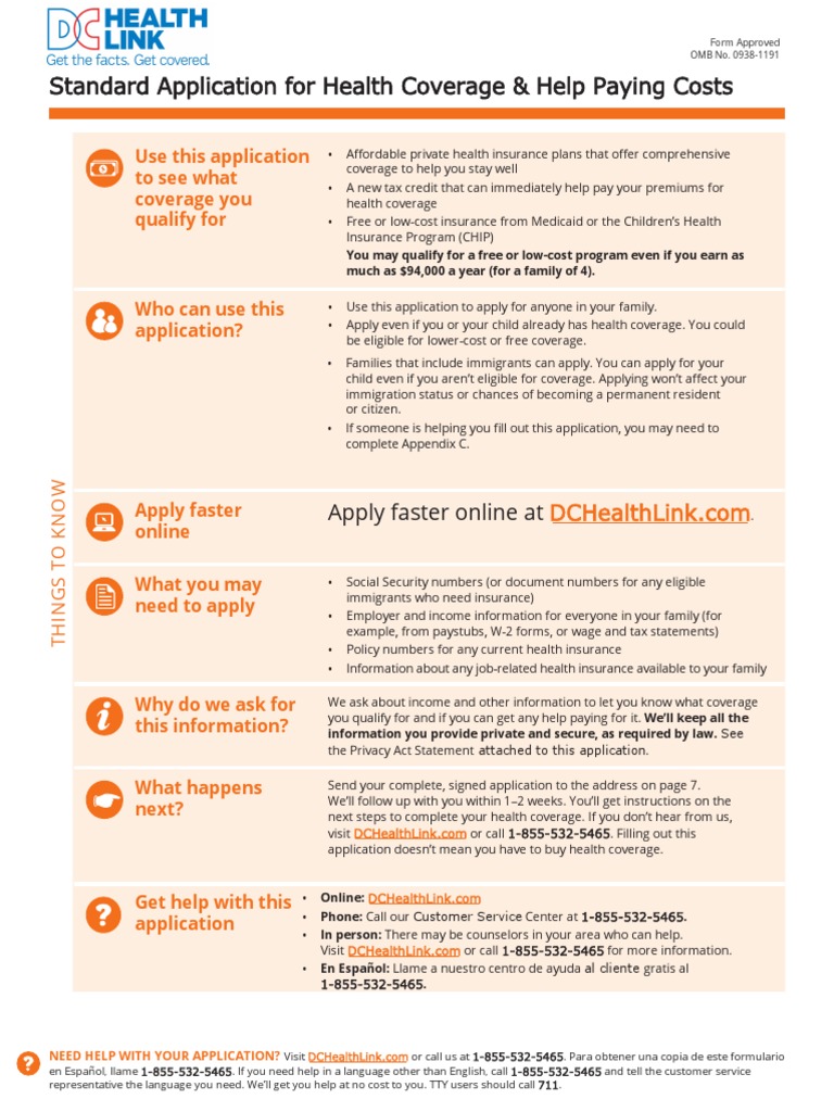 DC Health Link Standard Application for Help Paying for Health Coverage
