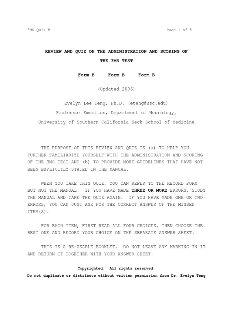Review and Quiz On The Administration and Scoring of The 3Ms Test | PDF ...