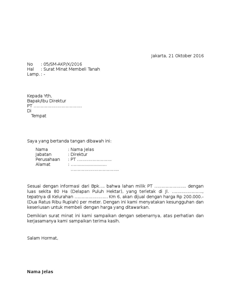 Contoh Surat Option Jual Tanah