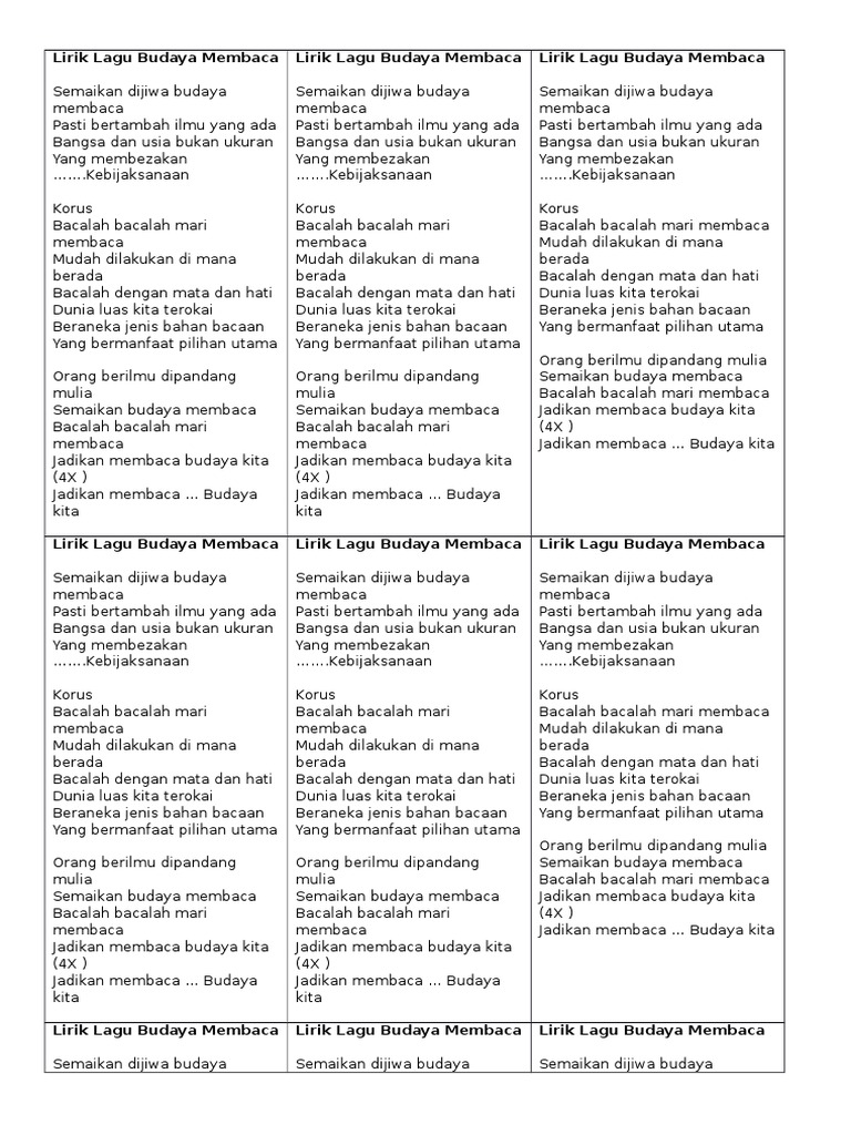 Lirik Lagu Budaya Membaca | PDF