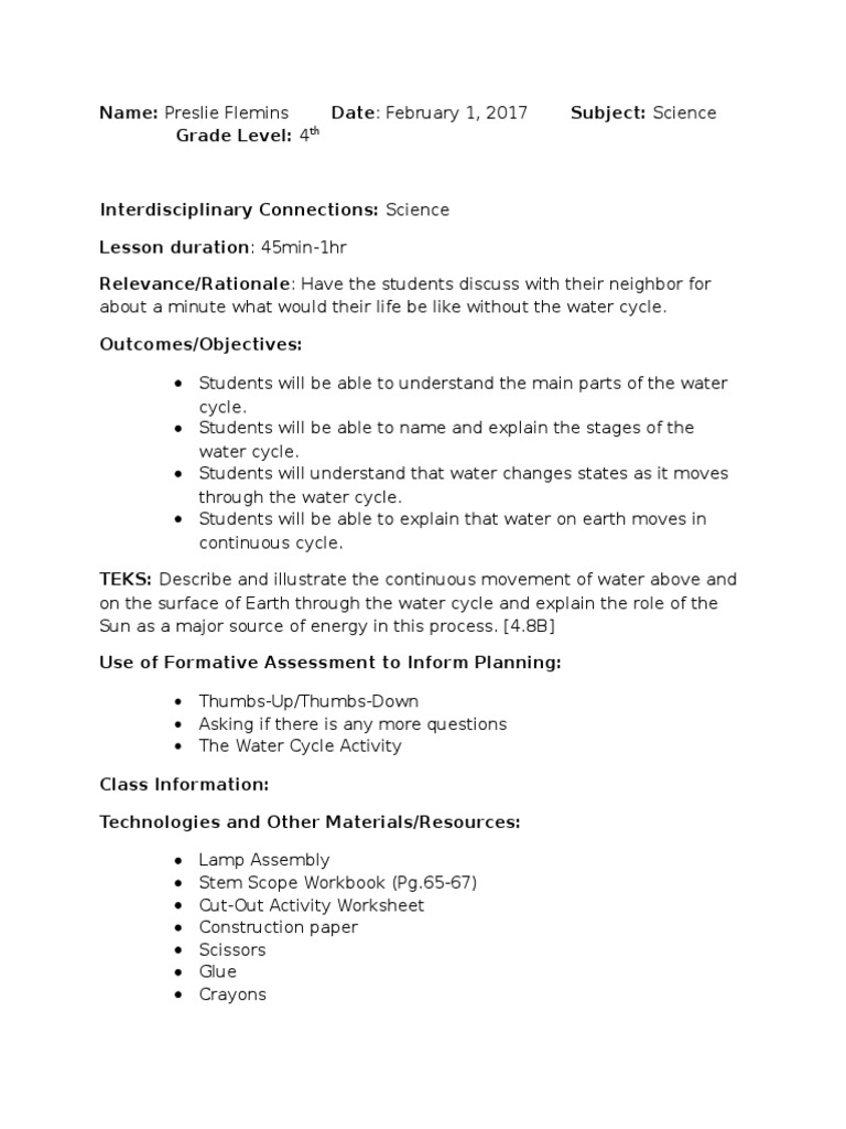4th Grade Water Cycle Lesson Plan | PDF | Water Cycle | Educational ...