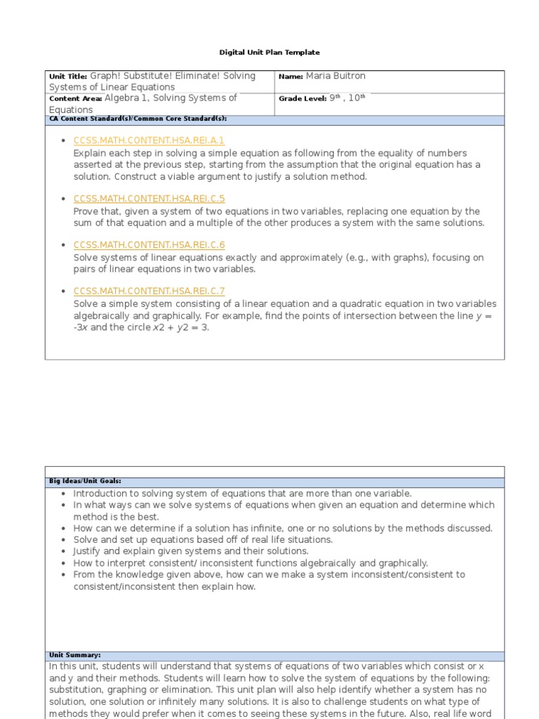 Solving System of Linear Equations Unit Plan Template | PDF | Lecture ...