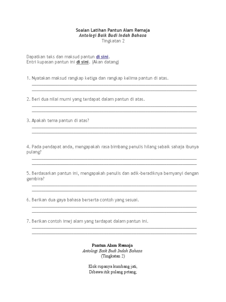 Soalan Latihan Pantun Alam Remaja Pdf