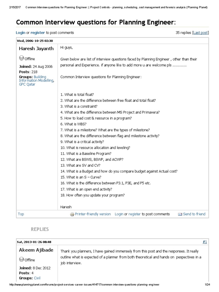 Common Interview Questions for Planning Engineer Forum