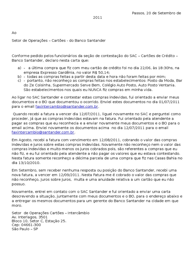Carta De Contestação De Compras Com Cartão - Vários Cartões