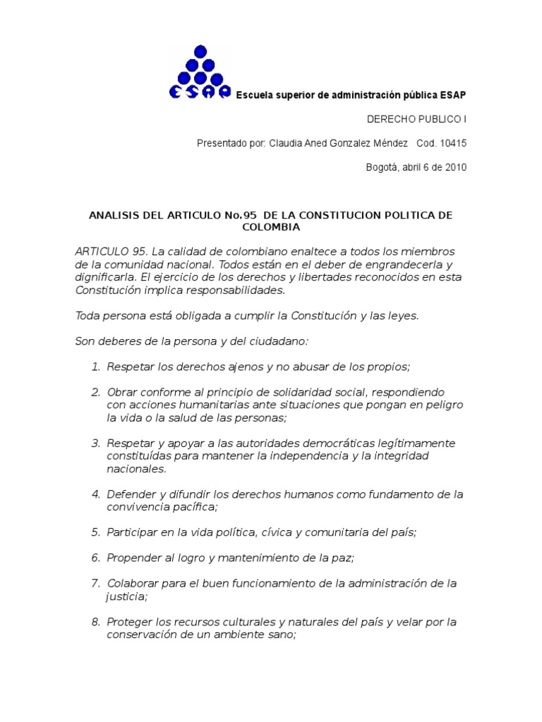 Análisis del Artículo 95 de Colombia | PDF | Derechos humanos | Derechos