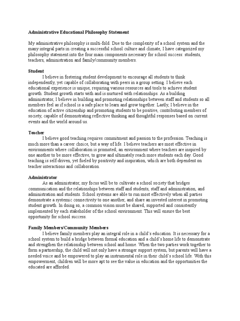 assignmentsstatement of educational philosophy administrator