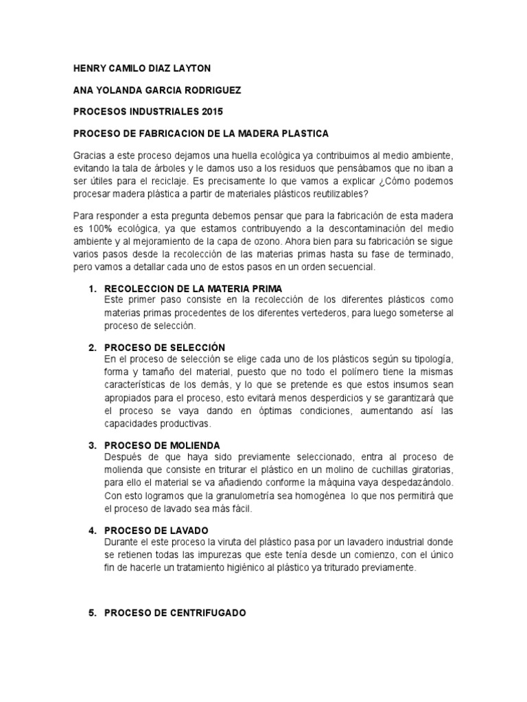 Proceso de Fabricación de Madera Plástica | PDF | El plastico | Residuos