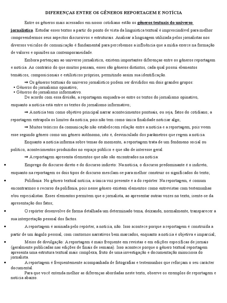 Diferenças Entre Os Gêneros Reportagem e Notícia - 9º Ano | PDF ...