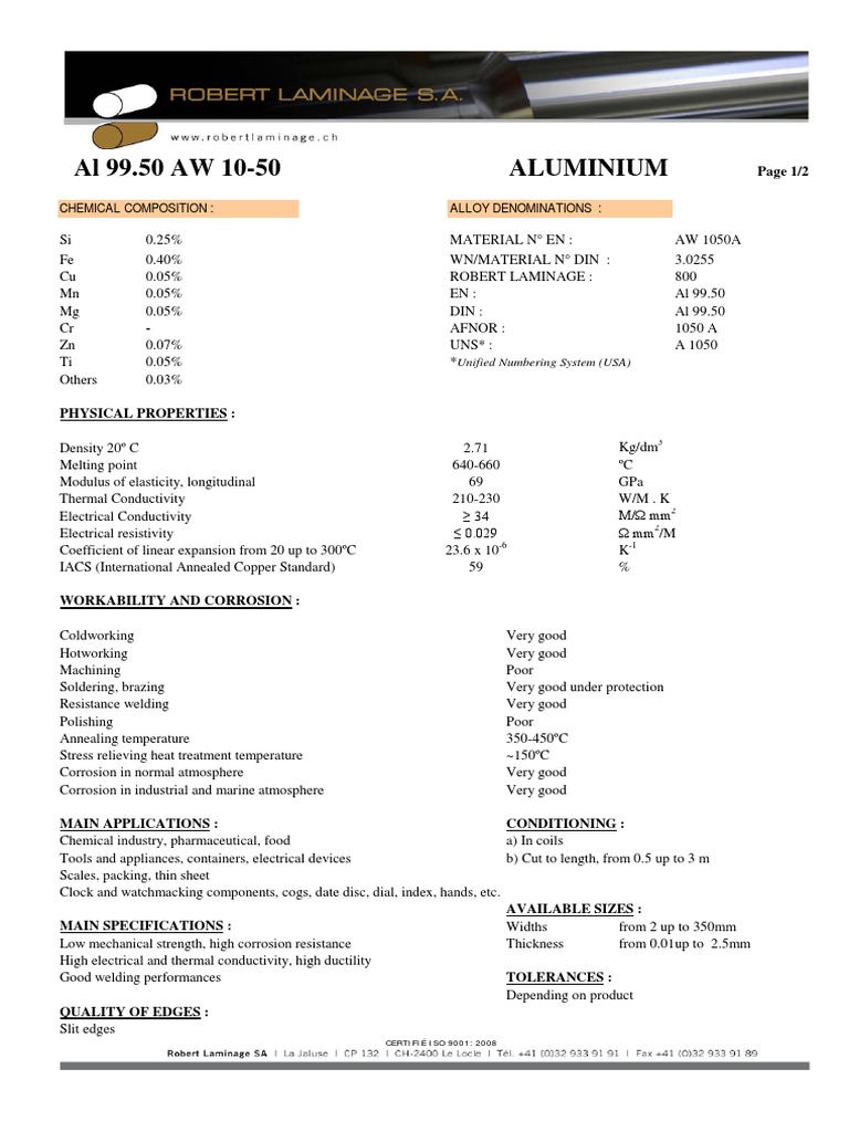 Aluminium 1050A Properties and Applications | PDF | Electrical ...