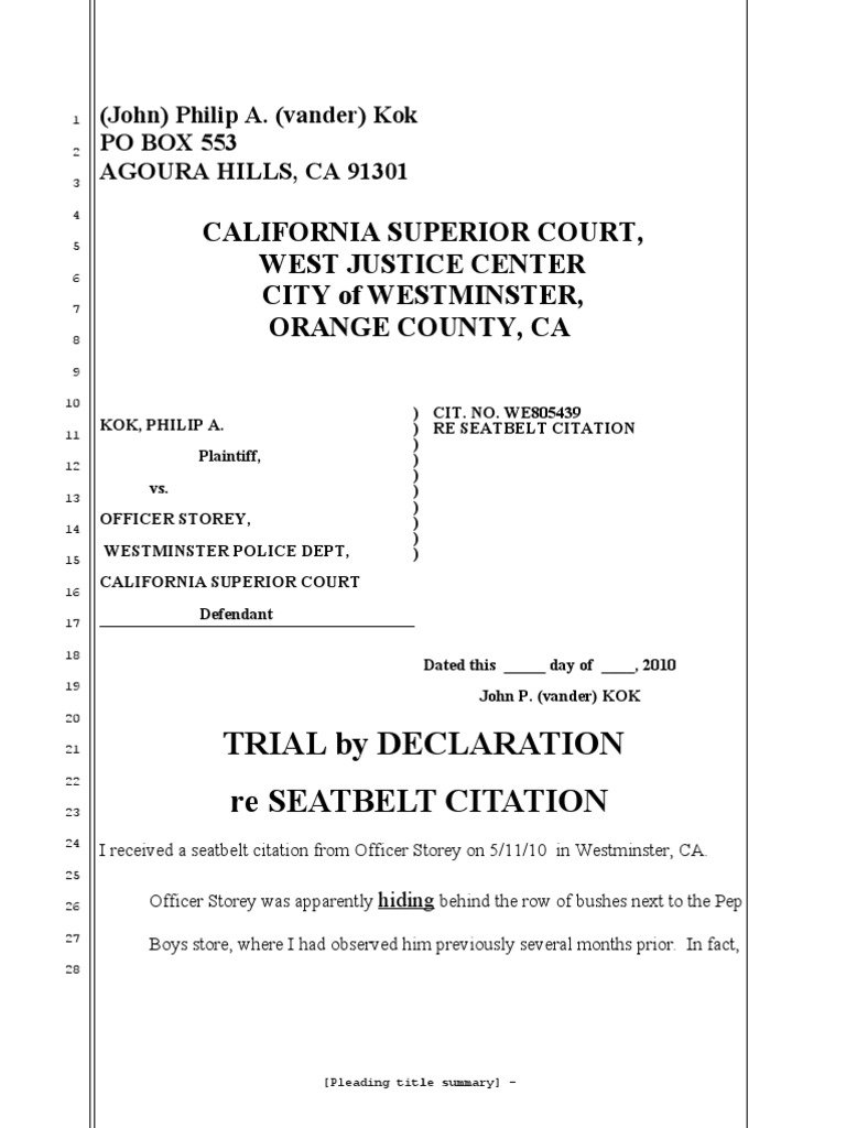 TRIAL by DECLARATION SEATBELT CITATION's ARE UNCONSTITUTIONAL B/C They