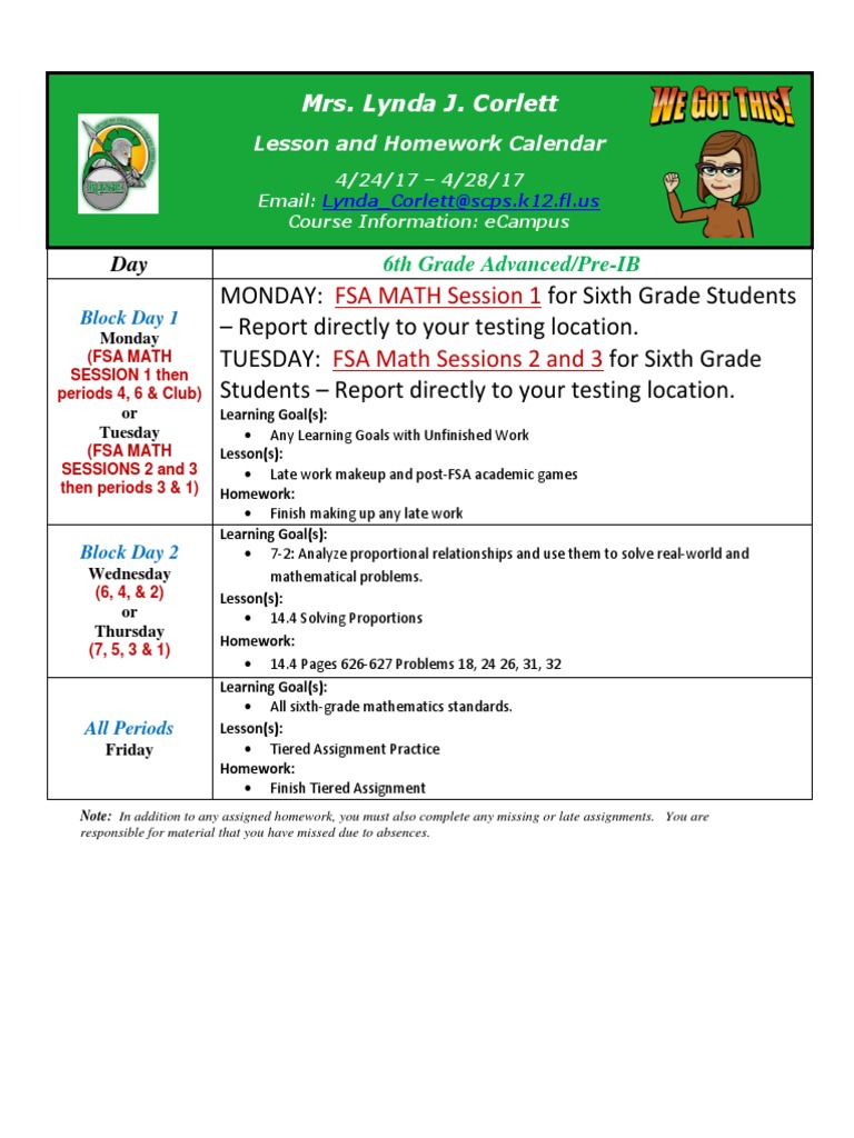 6th Grade Math Homework Calendar | PDF