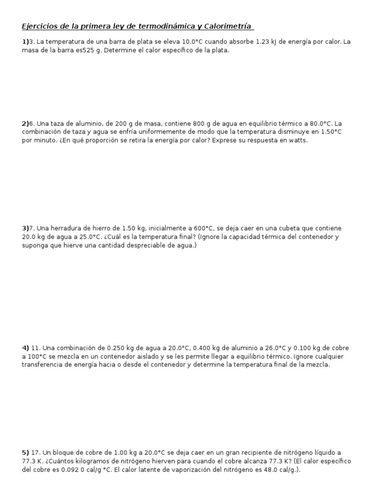Ejercicios de La Primera Ley de Termodinámica y