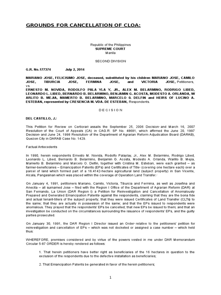 Grounds for CLOA Cancellation in Philippines | PDF | Jurisdiction ...