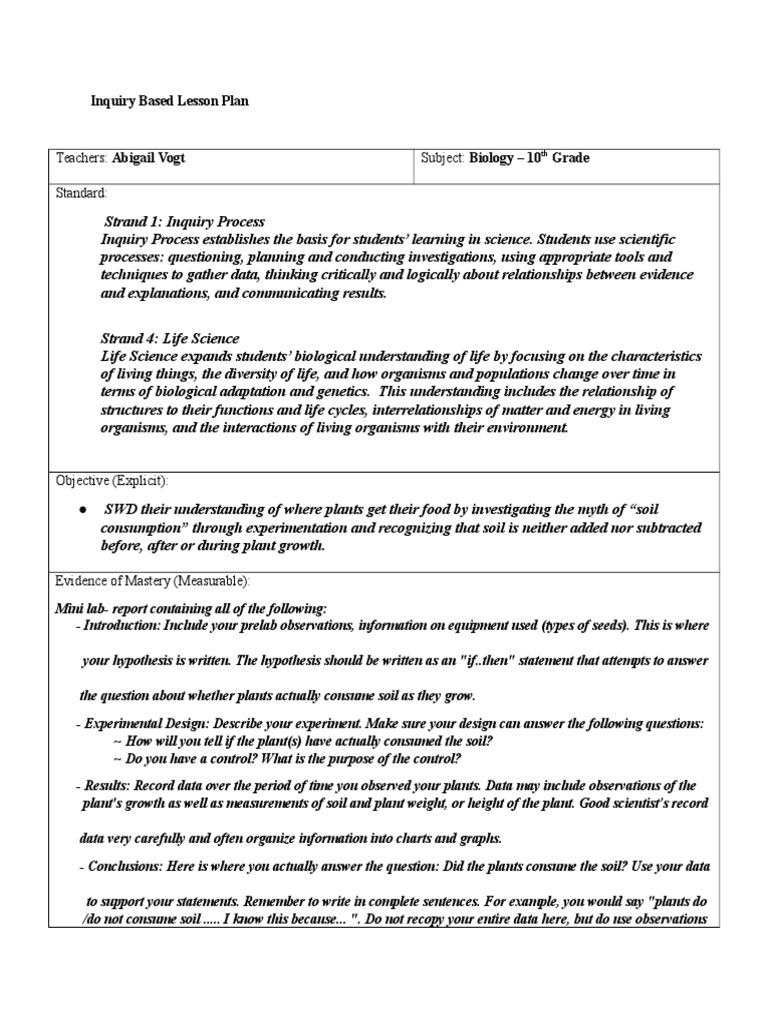 Inquiry Based Lesson Plan: Teachers: Abigail Vogt Subject: Biology - 10 ...