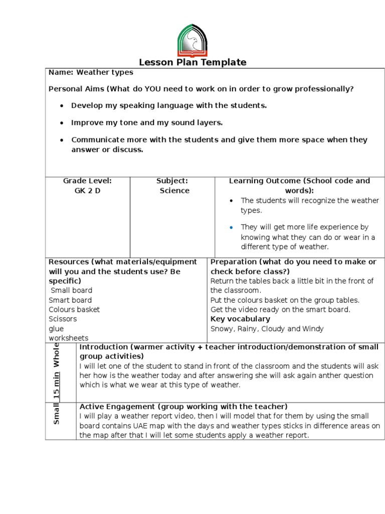 Weather Lesson Plan 1 | PDF | Lesson Plan | Education Theory