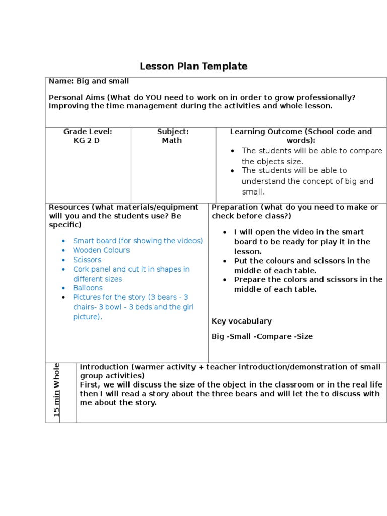 Big And Small Lesson Plan Lesson Plan Classroom