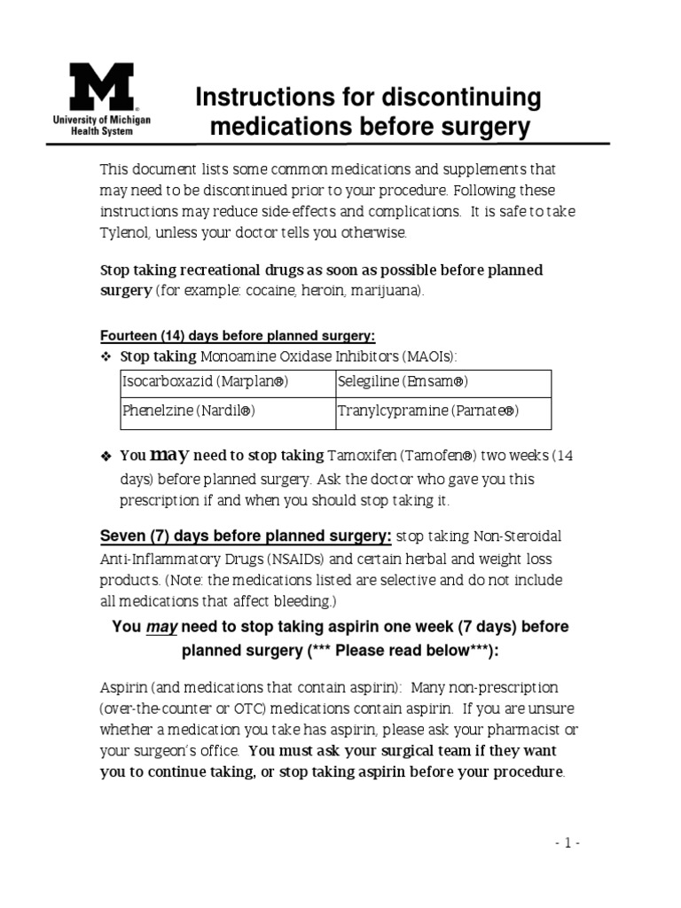 Discontinuing Medications Before Surgery | PDF | Over The Counter Drug ...