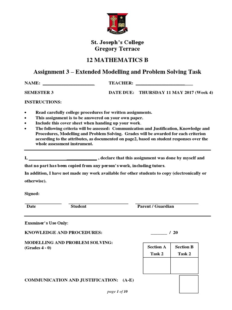 St. Joseph's College Gregory Terrace 12 Mathematics B Assignment 3 ...