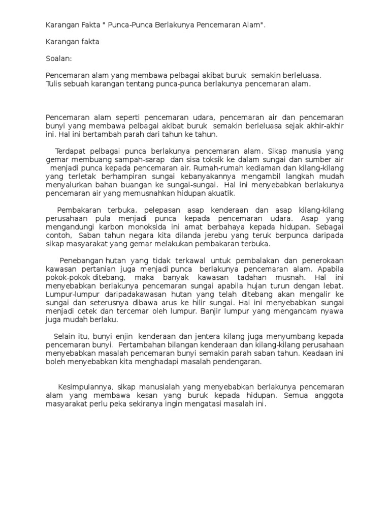 Karangan Fakta PuncaPunca Berlakunya Pencemaran Alam  PDF