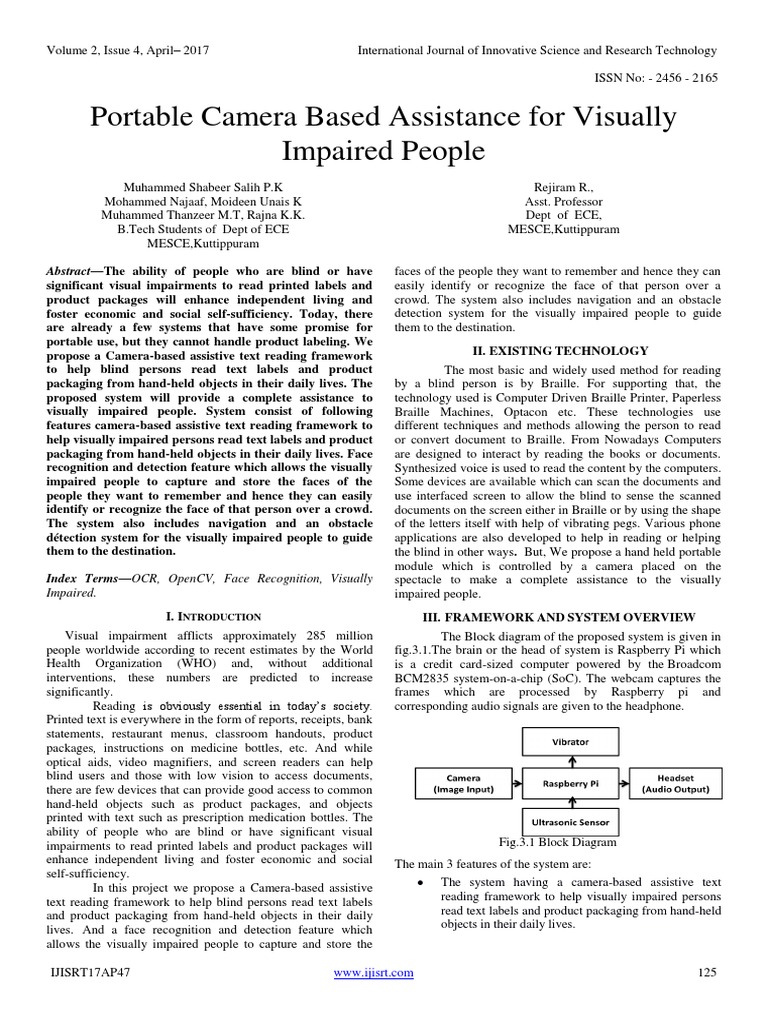 Portable Camera Based Assistance For Visually Impaired People Download Free PDF Speech