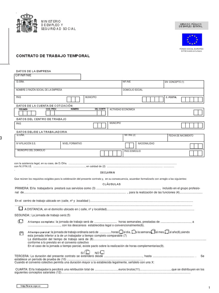 Contrato De Trabajo Temporal Ministerio De Empleo Y