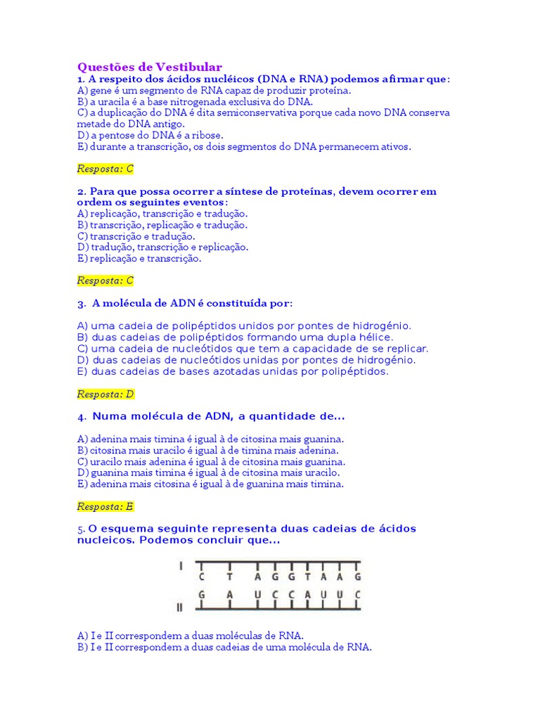 Questões de Vestibular | PDF | Ácidos nucleicos | DNA