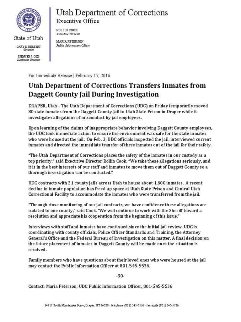 Utah Department of Corrections Transfers Inmates From Daggett County