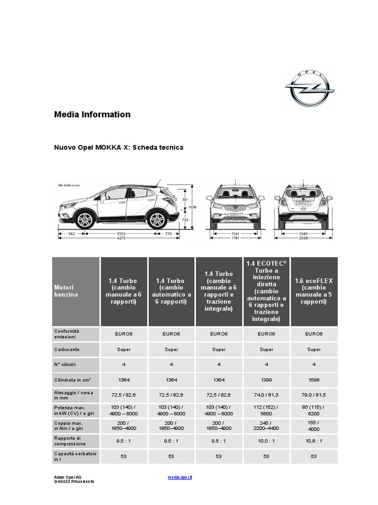 Opel Mokka X, la scheda tecnica