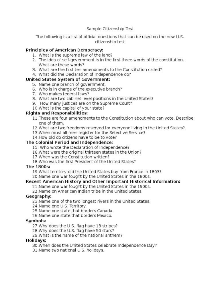 Sample Citizenship Test PDF