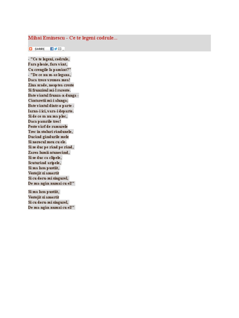 Mihai Eminescu - Ce Te Legeni Codrule... | PDF