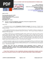 LETTER TO JUDGE EDWARD G. SMITH RE CHAPTER 11 CASE NO. 17-01233 US DISTRICT COURT APPEAL DOCKET AND RECORD AND CASE NO. of April 24, 2016