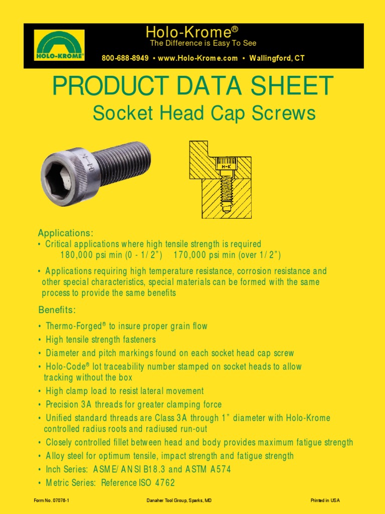 Product Data Sheet Socket Head Cap Screws