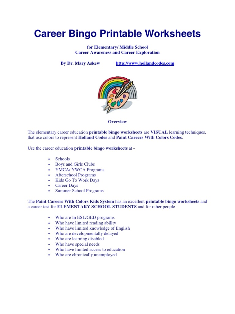 career bingo printable worksheets pdf teachers behavior modification