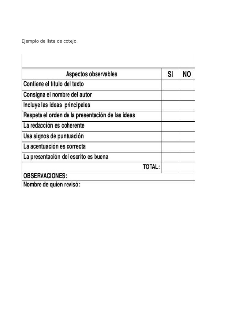 Ejemplo de lista de cotejo