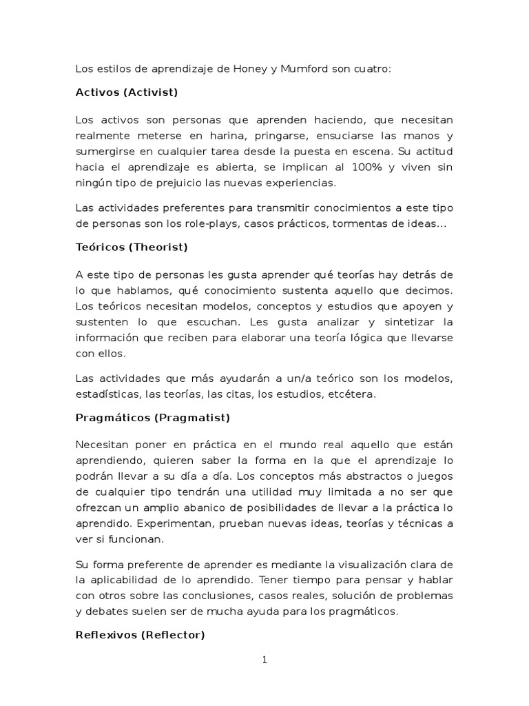 Estilos de Aprendizaje de Honey y Mumford | Descargar gratis PDF ...