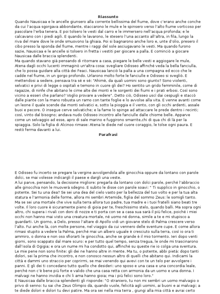 Parafrasi L'incontro Tra Nausicaa E Odisseo